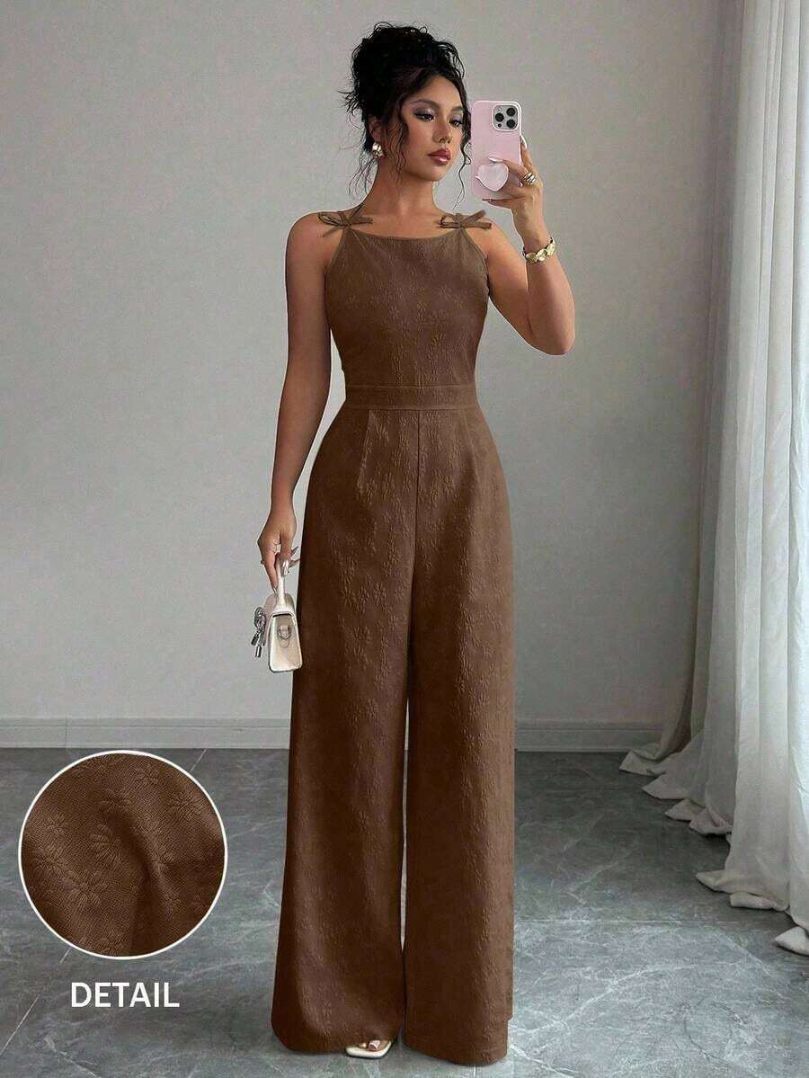 Mono elegante de mujer con decoración de lazo en el hombro, tela de jacquard, cintura ceñida, pierna ancha, adecuado para el uso diario - Marrón - Ver 1