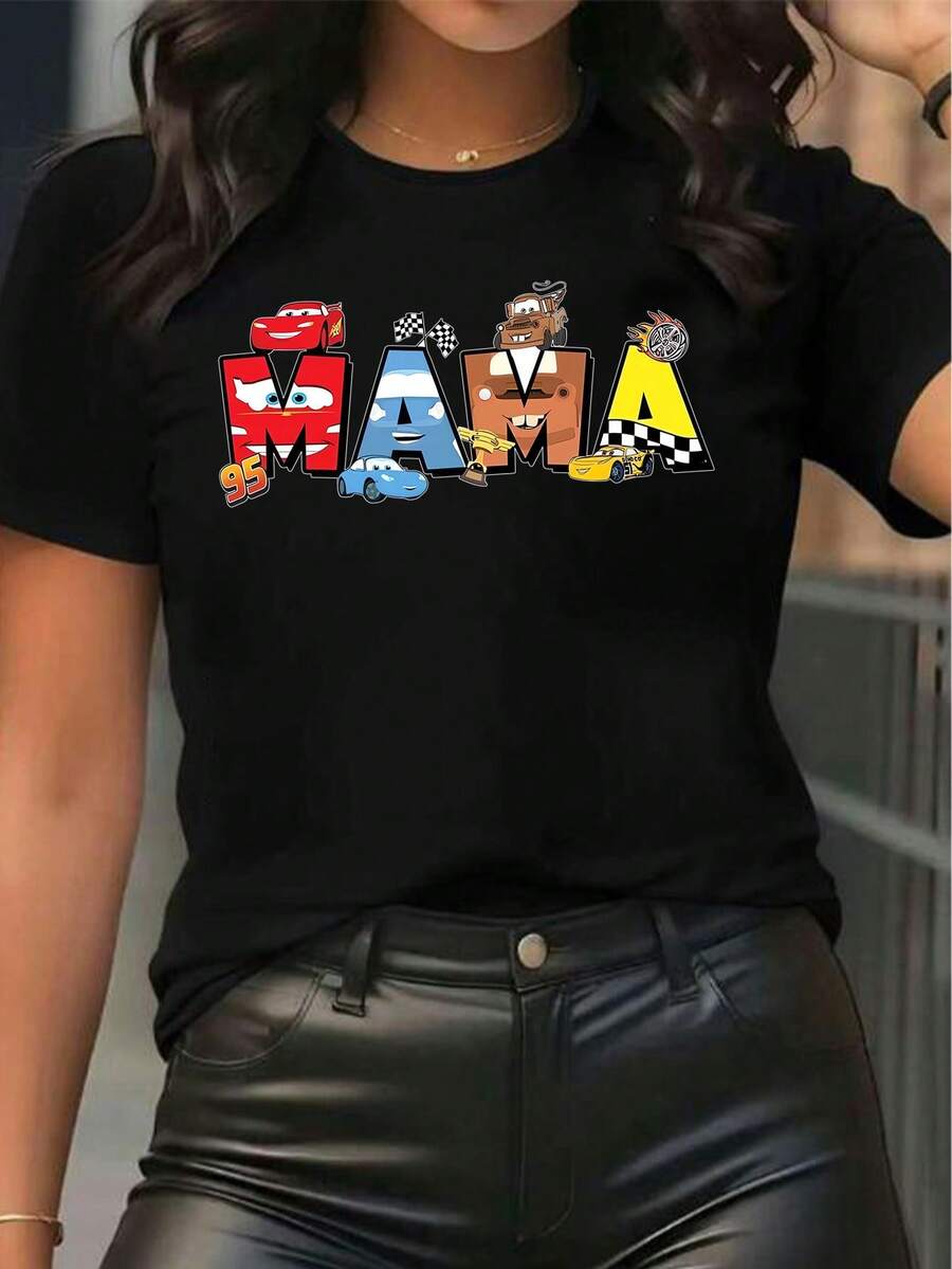 Disney Officially Licensed 100% Cotton T-Shirt, Unisex Short-Sleeve T-Shirt, Disney-Licensed Women's T-Shirt Featuring A Popular Cartoon Racing Car Lightning McQueen Print And Cool Lettering M A M A. Funny T-Shirt With A Parent-Inspired Design, Short Sleeves And A Round Neckline, Casual, Comfortable, And Stylish, Suitable For Spring And Summer. - 黑色 - 查看 1