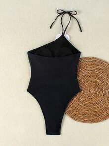 de baño de una pieza con un hombro azul para mujer, con decoración floral 3D, traje de baño y ajustado para vacaciones en la playa - Negro - Ver 4