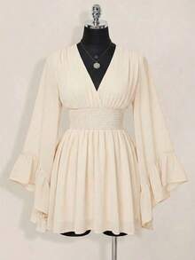ICON Vestido corto elegante de manga larga con cuello en V y cintura ceñida de unicolor para mujer - Albaricoque - Ver 4