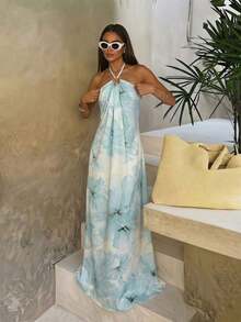 fsfvgsAloruh Nuevo vestido largo con cuello halter, plisado, sin espalda, con decoración de bolas metálicas, talla grande, silueta favorecedora en color champánsbfb s 15F2 - Beis - Ver 1