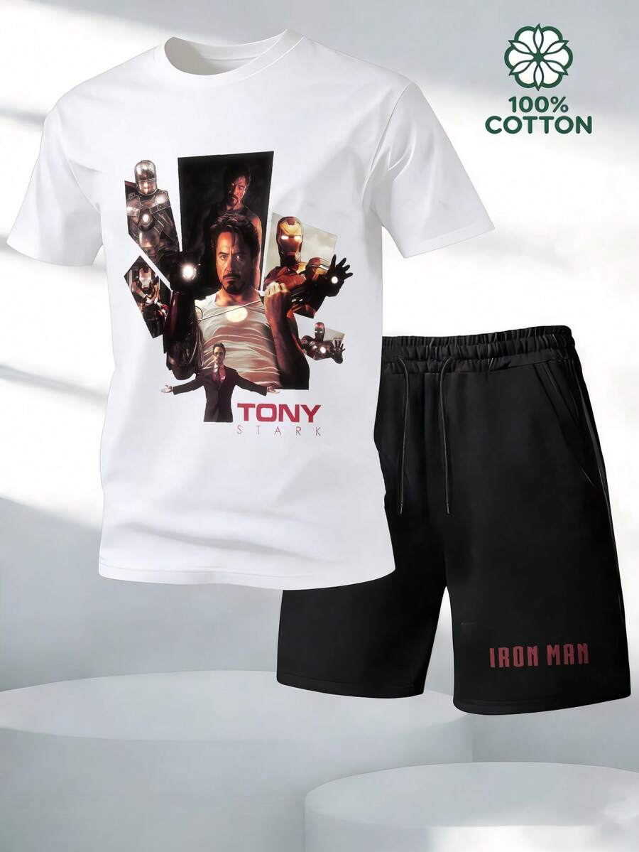Tony Stark Iron Man Suit Men's 2 Piece Outfits 100% Cotton T-Shirt And Shorts Set Marvel Superhero Graphic, Streetwear Casual Summer Clothes For Men Summer Clothes Gifts - 白色 - 查看 1