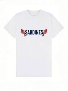Camiseta informal de manga corta y cuello redondo para niñas, con estampado de sardinas, ideal para primavera y verano.Black - Blanco - Ver 5