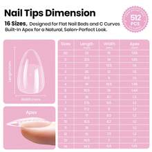 Beetles 512Pcs 16 Sizes Tipex Lite Instant Apex Nail Tips, Short Almond, Pre-Building Pre-Etched Acrylic Tips For Flat And Natural Nail Beds - Tipex Lite-Almond Short 512pcs - 查看 6