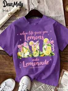 Tropical Clothing For Women DEAR MOLLY Women's Lemonade Print T-Shirt "When Life Gives You Lemons", Retro Casual Lemon Print T-Shirt, Round Neck And Short Sleeve, Suitable For Summer, Vacation And Daily Wear, Unisex Casual T-Shirts, Loose And Comfortable Maija - 紫色 - 查看 1
