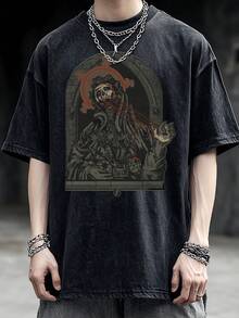 Camiseta Lavada para Hombre con Imagen de Calavera de Santo, Patrón de Arte Religioso Oscuro, Ajuste Elástico, Ropa Casual Urbana Vintage - Negro - Ver 1
