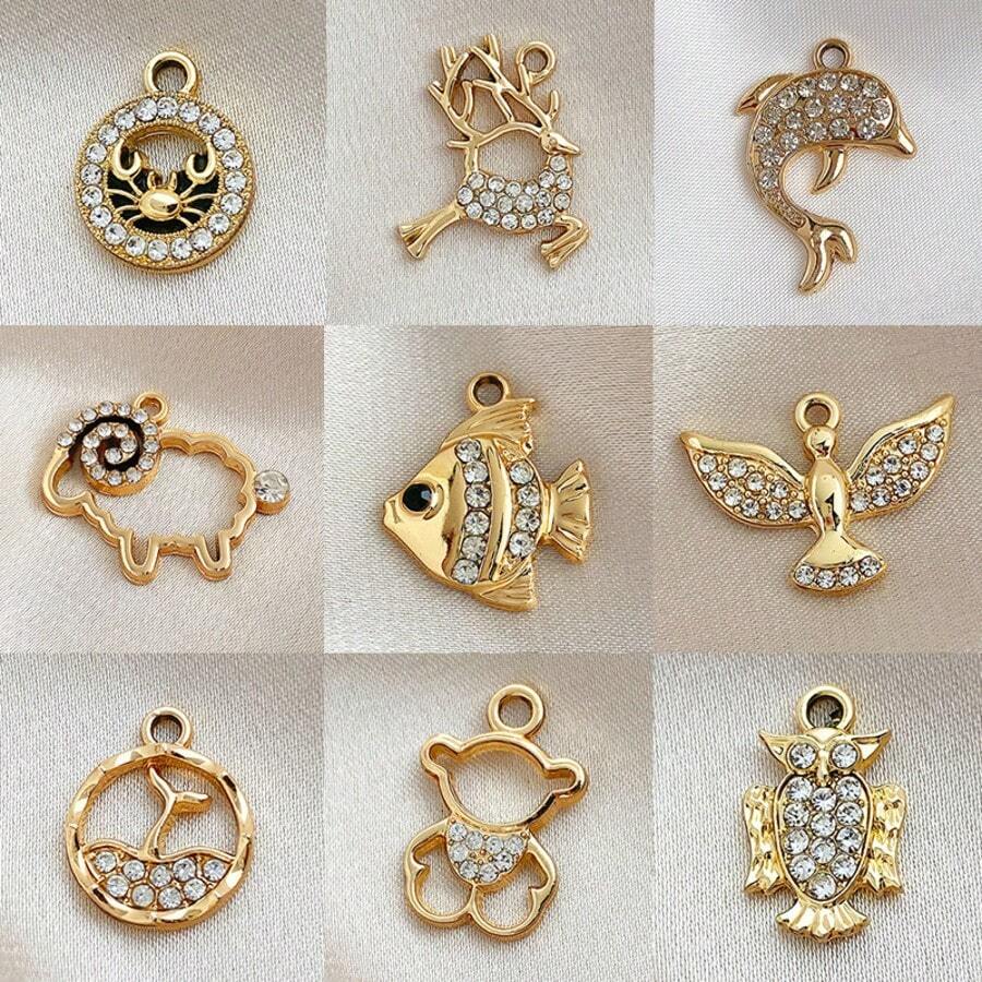 10个镀金水晶动物吊坠,鹿/海豚/猫头鹰造型水钻吊坠,适用于DIY手链/项链饰品制作 - 金色 - 查看 1
