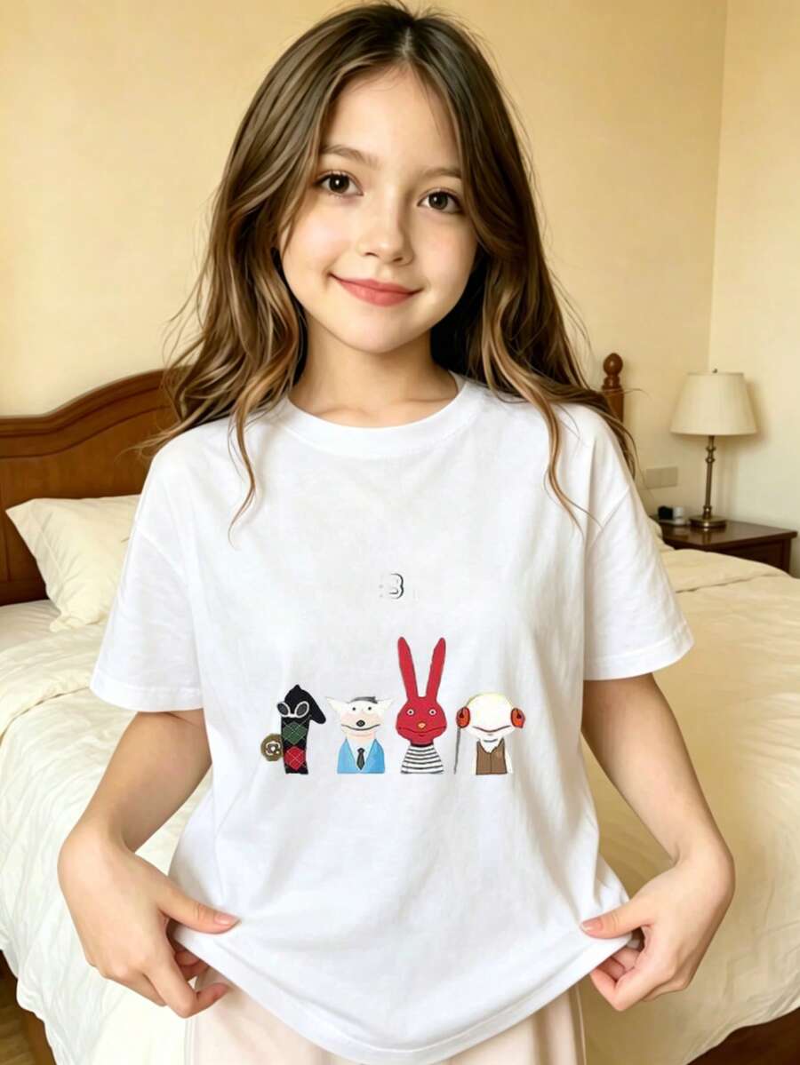 Four Cartoon Characters On Printed T-Shirt For Kids - White - View 1