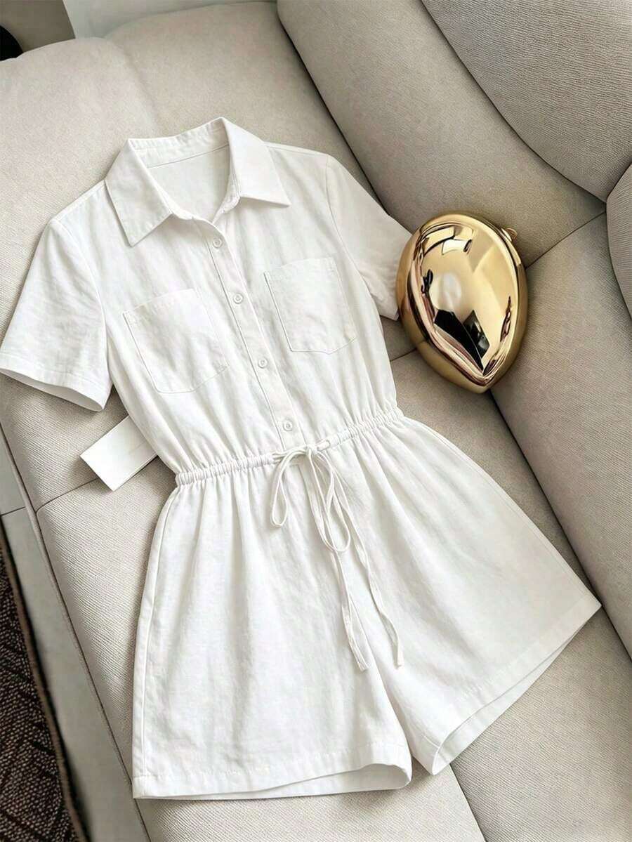 Mono de mujer con cuello en V y cintura ceñida, mono para vacaciones, mono holgado y casual de estilo cargo - Blanco - Ver 1