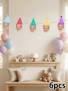 6/12/18pcs Customized Baby Photo First Year Banner, Monthly Milestone Banner, Macaron Color/Polka Dot/Striped Party Hat Design, 1st Birthday Photo Banner, Personalized Milestone Hanging Decor, Happy Birthday Photo Banner, Baby Growth Keepsake - Multicolor - View 12