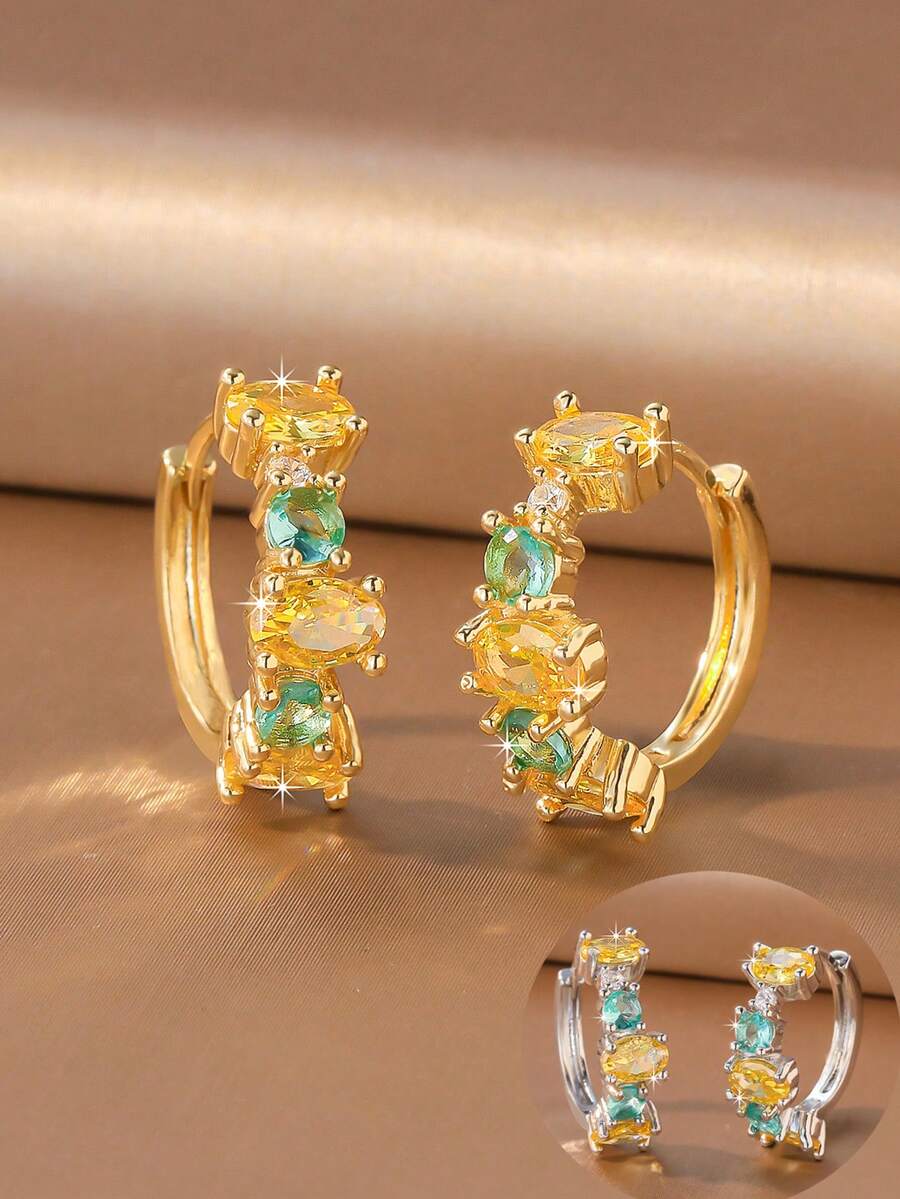 1 Pair Women's Gold & Silver C-Shaped Earrings, Featuring Alternating Oval Yellow And Round Green Gemstone Embellishments, Silver Style Suitable For Summer Beach Accessories, An Ideal Jewelry Gift. - Multicolor - View 1