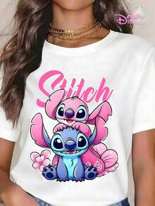 Disney Lilo & Stitch Cute Stitch & Angel Graphic T-Shirt, Retro Stitch Couple Oversized Tee For Women - trắng - Xem 1