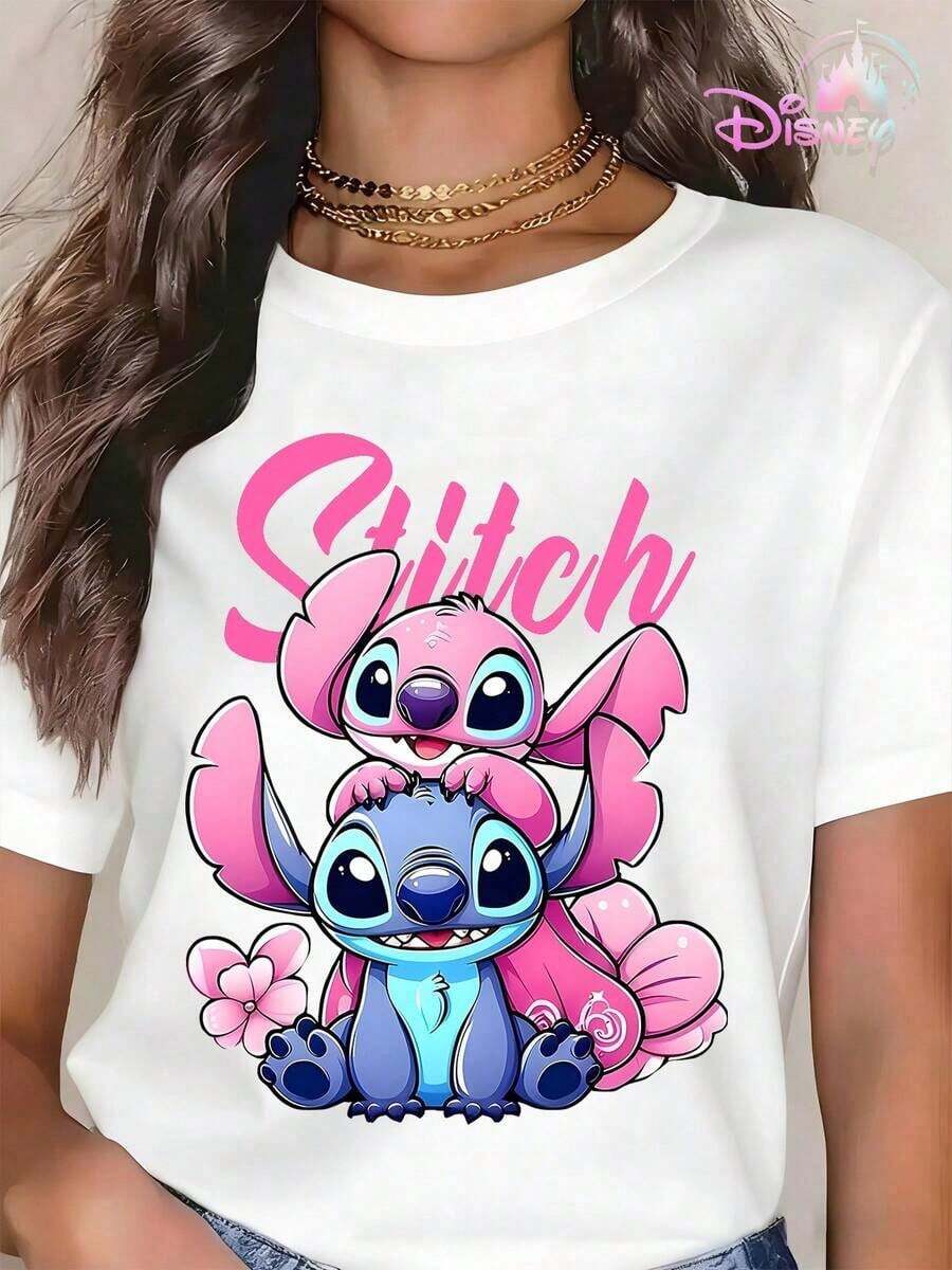 Disney Lilo & Stitch Cute Stitch & Angel Graphic T-Shirt, Retro Stitch Couple Oversized Tee For Women - trắng - Xem 1