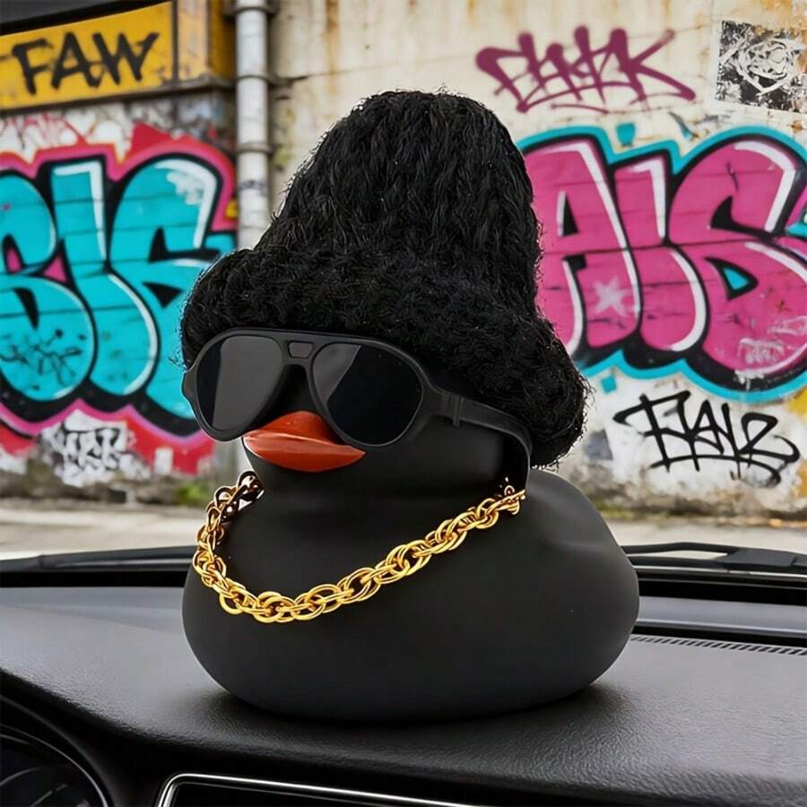 1pc Black Duck Statue With Hat, Glasses And Necklace, Suitable For Car Dashboard, Motorcycle Interior, Holiday Celebration And Gift, Rubber Duck Decor - A - View 1