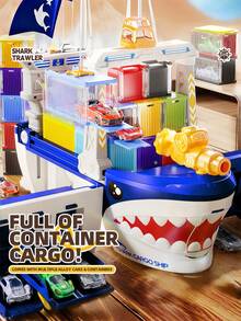 Shark Mega Wheel Container Cargo Ship Toy Car Playset Featuring Container Loading Dock, Car Launcher Cannon, Multi-Layer Parking Garage, Rotating Track Ramp & Mini Racing Cars For Boys Kids(Not Included 2 AA Batteries) - Multicolor - View 8