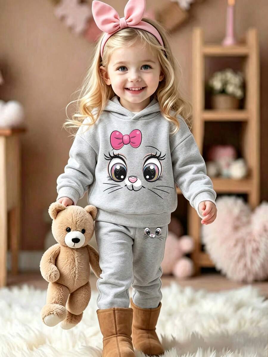 Baby Girl Cartoon Print Hooded Warm Sweatshirt And Long Pants Set - Grey - View 1