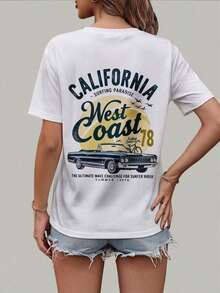 Women's Printed Short-Sleeved T-Shirt, California West 78 Surfing Paradise, Lightweight And Breathable For Casual Summer Wear, Suitable For Everyday Leisure And Outdoor Vacation Travel. - 白色 - 查看 2