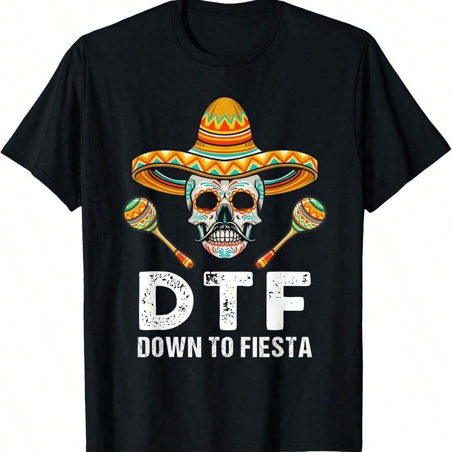 T-Shirt With A Fun Mexican Day Of The Dead Skull Print, Ideal For All Seasons. 220g Cotton, Printed On One Side, Round Neck, Short Sleeves. - 軍綠色 - 查看 1