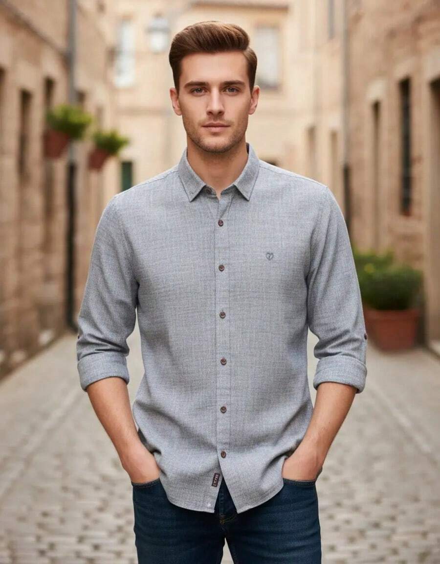 Shirt In 100% Cotton Flamed Fabric With A Linen-Like Look. Fine Fabric. - Grey - View 1
