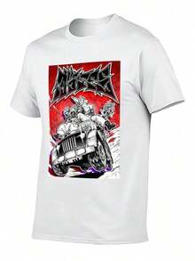 Gachiakuta Motorcycle Casual T-Shirt In Black And White, Crew Neck, Short Sleeve, Perfect Gift For Men, Clothing | Casual Style | Moisture-Wicking Fabric, Rapper Print T-Shirt - 180 G/M² Cotton, Unisex Casual Short-Sleeve T-Shirt For Men And Women, Comfortable For All Seasons, Machine Washable, Size KGKH - 白色 - 查看 2