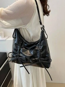 新款蝴蝶结链条手提包，大容量，时尚韩版，女士休闲通勤单肩包 - 黑色 - 查看 6