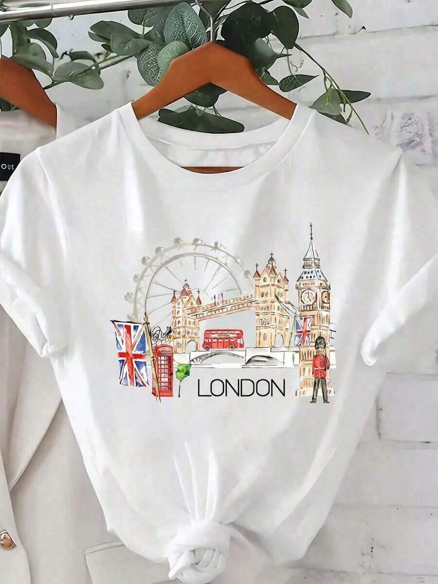 [London Watercolor Print T-Shirt] Watercolor London Print T-Shirt | Casual Crew Neck Short Sleeve Top - Women's Clothing - European Landmarks, European Travel - Suitable For All Seasons, Easy And Relaxed Fit, Travel Theme, Loose-Fitting Short Sleeve Top - 白色 - 查看 1