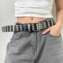 1件美式時尚休閒鉚釘極簡百搭女款PU皮革腰帶 - 方形氣眼針扣黑色 - 查看 4