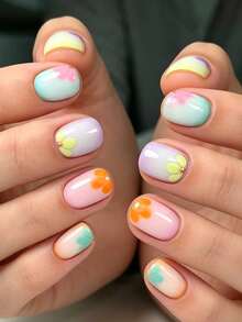 24pcs European Square Short Fake Nails, Colorful Floral Fresh Ins Style Wearable Fake Nails, Full Coverage Removable Nails, Suitable For Party, Ball And Daily Wear - Multicolor - View 8