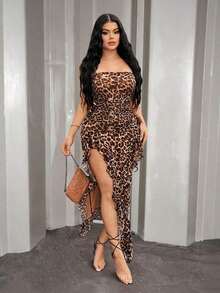 asdSHEIN  Vestido ajustado con volantes y abertura con estampado de leopardo sexy y elegante para mujer, apto para uso diario, reuniones, citas, fiestas, vacaciones en isla, playaasd O3BX - Multicolor - Ver 5