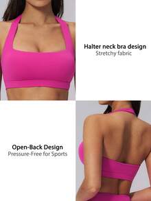 NcmRyu 1pc Women's Solid Color Halter Neck Backless Sports Camisole With Removable Pads - Hot Pink - View 4