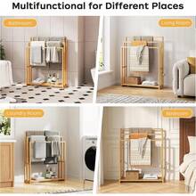 Freestanding Bamboo Towel Rack 3 Tier Blanket Drying Stand Holder Organizer With Bottom Storage Shelf For Bathroom Bedroom Living Room Natural Wood - Tự nhiên - Xem 8