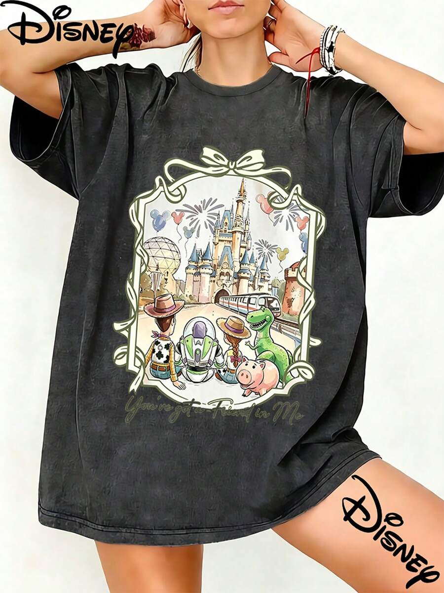Disney Toy Story You've Got A Friend In Me Castle Graphic Washed T?Shirt For Women, 100% Cotton Oversized Vintage Short Sleeve Tee, Disney World Vacation Themed Casual Top Unisex T?Shirt - 黑色 - 查看 1