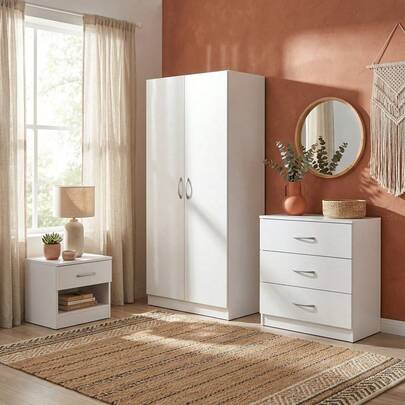 Highbury White 3 Piece Bedroom Set With 2 Door Double Wardrobe 3 Drawer Chest 1 Drawer Bedside Table Nightstand Dresser
