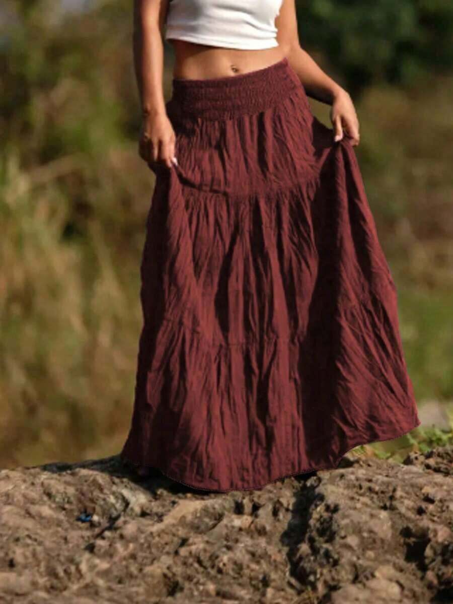 A-line ligera de lino arrugado de unicolor con cintura elástica cómoda, para primavera/otoño - Burdeos - Ver 1