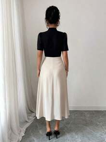 MEXChiquease Vestido casual con cuello en V, bloque de color parchwork y cintura entalladaMEX GO0N - Negro - Ver 2