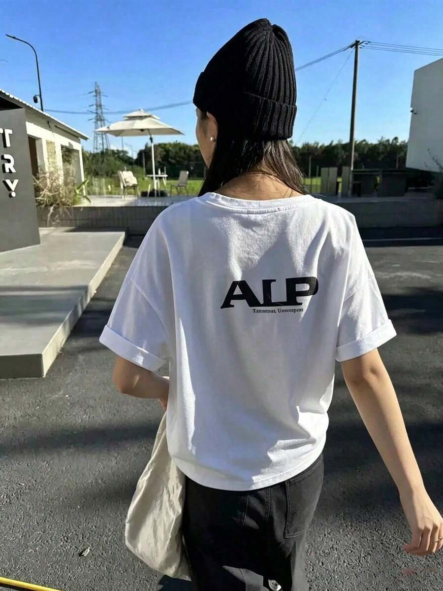 [ 100% Cotton ] Recommended New Products For Summer 2026: Lace Logo T-Shirt, Summer Dress, Women's Fashion T-Shirt, Short Sleeve Office Casual 200g Cotton Cartoon Character Printed Loose White Top, Y2K Women's Top, Spring Dress Top - White - View 1
