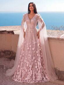 Faeriesty Đầm dạ hội dài tay đính sequin thanh lịch dành cho nữ - Họa tiết hoa, áo choàng voan mỏng và thắt lưng, thích hợp cho buổi hẹn hò lãng mạn ngày Valentine, đám cưới sa mạc và tiệc thảm đỏ trang trọng. - Bụi hồng - Xem 1