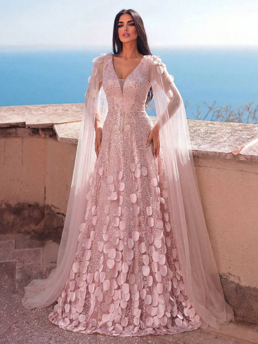 Faeriesty Đầm dạ hội dài tay đính sequin thanh lịch dành cho nữ - Họa tiết hoa, áo choàng voan mỏng và thắt lưng, thích hợp cho buổi hẹn hò lãng mạn ngày Valentine, đám cưới sa mạc và tiệc thảm đỏ trang trọng. - Bụi hồng - Xem 1