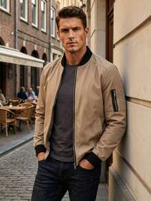 Men's Spring And Autumn Jacket, Zip-Up Jacket With High Collar, Classic And Simple Jacket, Gift For Friends, Husband, Boyfriend. - Khaki - View 4