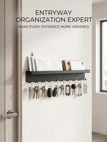 1pc Wall Mounted Key Holder With Hooks And Shelf, Easy To Install, Space Saving, Wall Hanging Storage Rack For Keys, Mail, Coats And More. Suitable For Entryway, Kitchen, Office And Other Locations. - Black - View 10