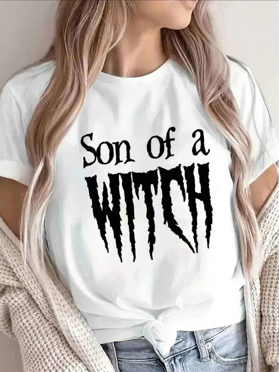 Women's Halloween Costume T-Shirt, Fun And With A "Daughter Of A Witch" Print, Short Sleeve And Black, Perfect For Parties And Casual Outings, Black Material With White Lettering. - 白色 - 查看 1