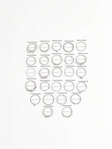 26 piezas Anillos de dedo con diseño de corazón y lazo, estilo INS con cadena dorada, juego de anillos de cristal versátiles y de moda para mujeres - Plateado - Ver 4