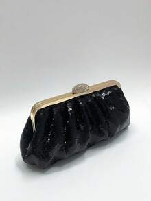 Elegant Ruched Sequined Evening Bag Sparkly Glitter Clutch Purse With Rhinestone Clasp Chain Strap For Women Wedding Party Prom Banquet, Classic Black - Black - View 4