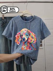 時尚大尺碼標準版型 T-shirt，彩色貴賓狗圖案，短袖圓領上衣，獨特休閒夏日風格 - 藍色 - 查看 1