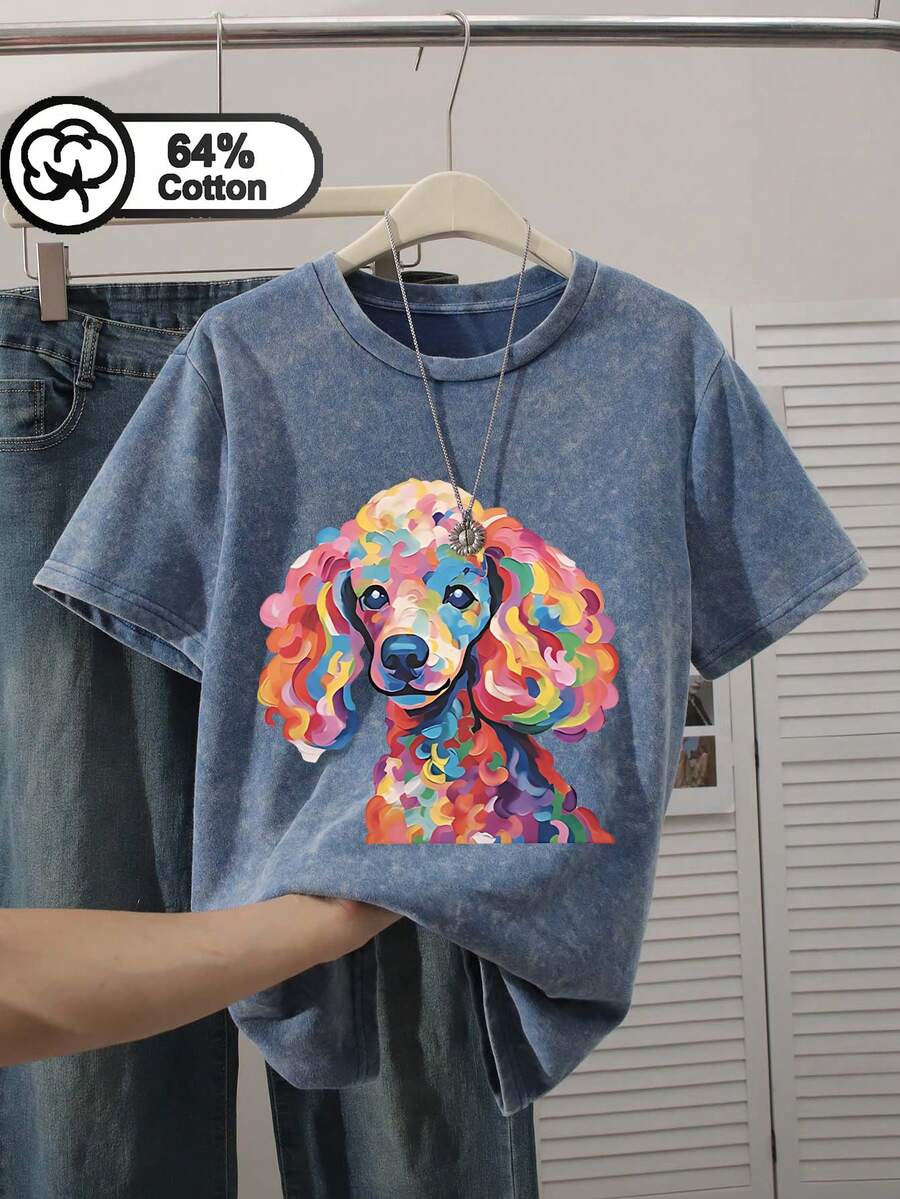 時尚大尺碼標準版型 T-shirt,彩色貴賓狗圖案,短袖圓領上衣,獨特休閒夏日風格 - 藍色 - 查看 1