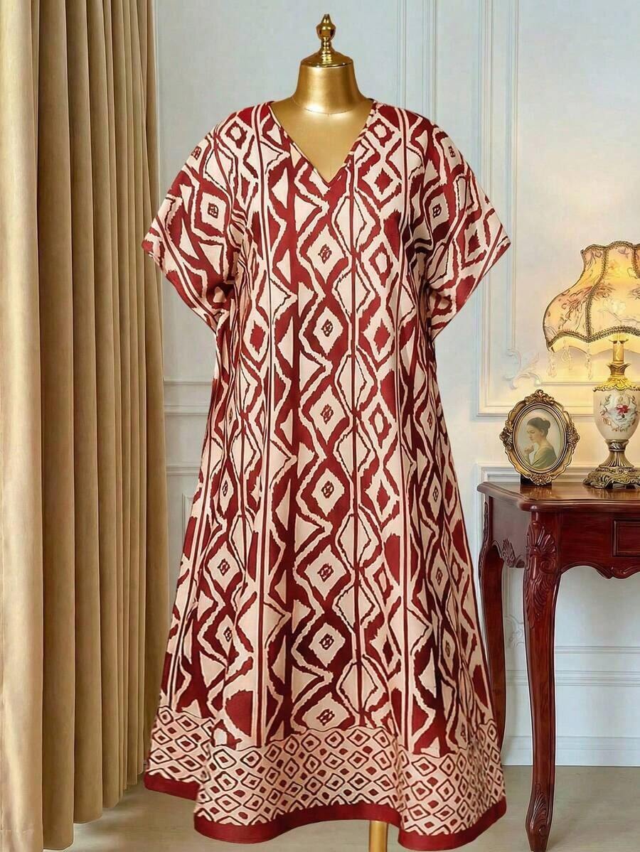 Weeklong Vestido holgado con cuello en V y mangas raglán con aplicaciones, adecuado para uso diario y vacaciones, tallas grandes para mujeres - Multicolor 9 - Ver 1