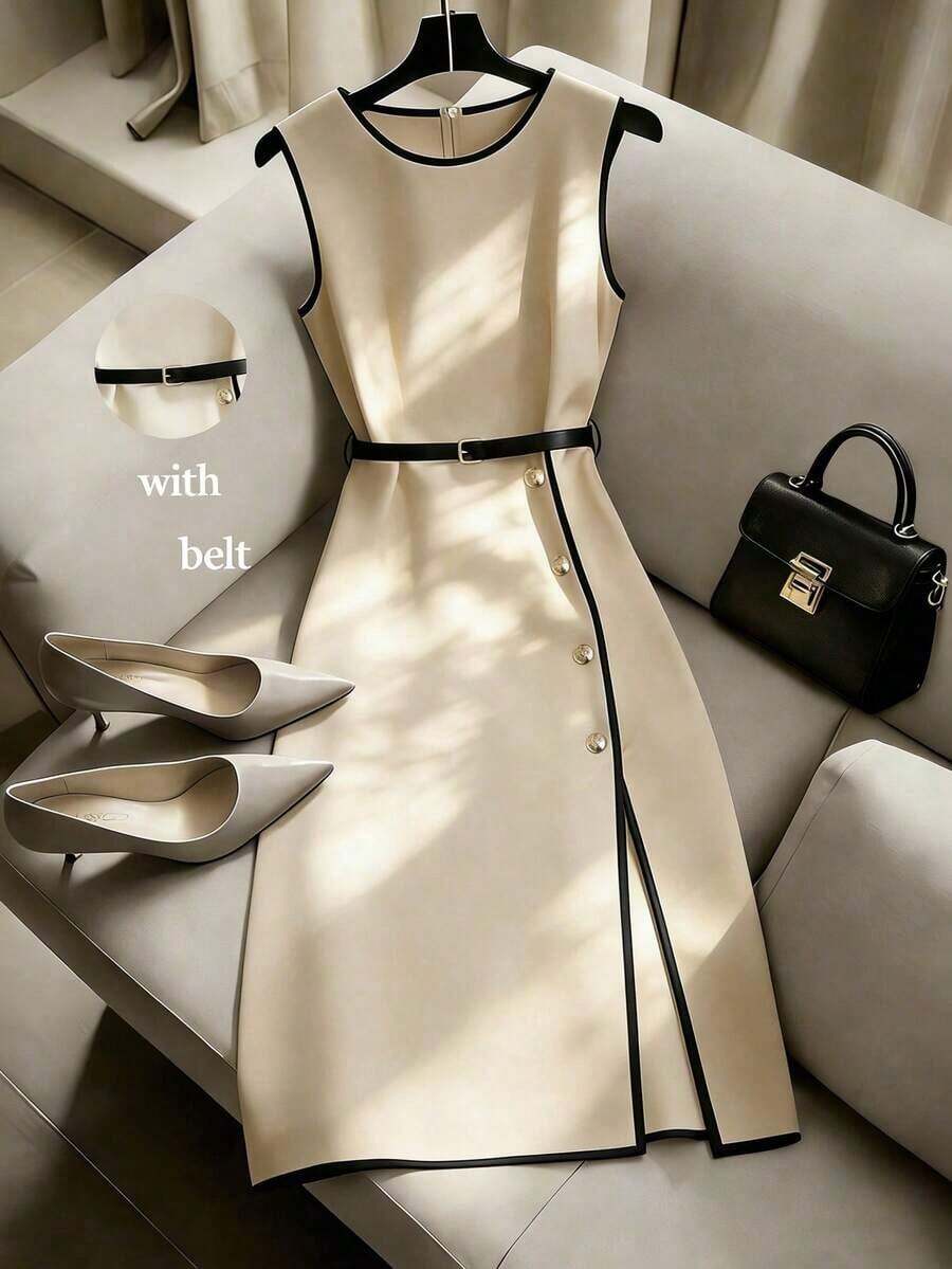 Vestido sin mangas de color albaricoque con cuello redondo, cinturón en la cintura y ribete negro, de estilo minimalista y versátil para uso casual y de oficina, para primavera/verano - Caqui - Ver 1