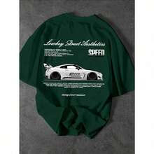 Camiseta de manga corta casual suelta de cuello redondo con estampado de coche de carreras y eslogan para hombres GQTV GQQH - Negro - Ver 3