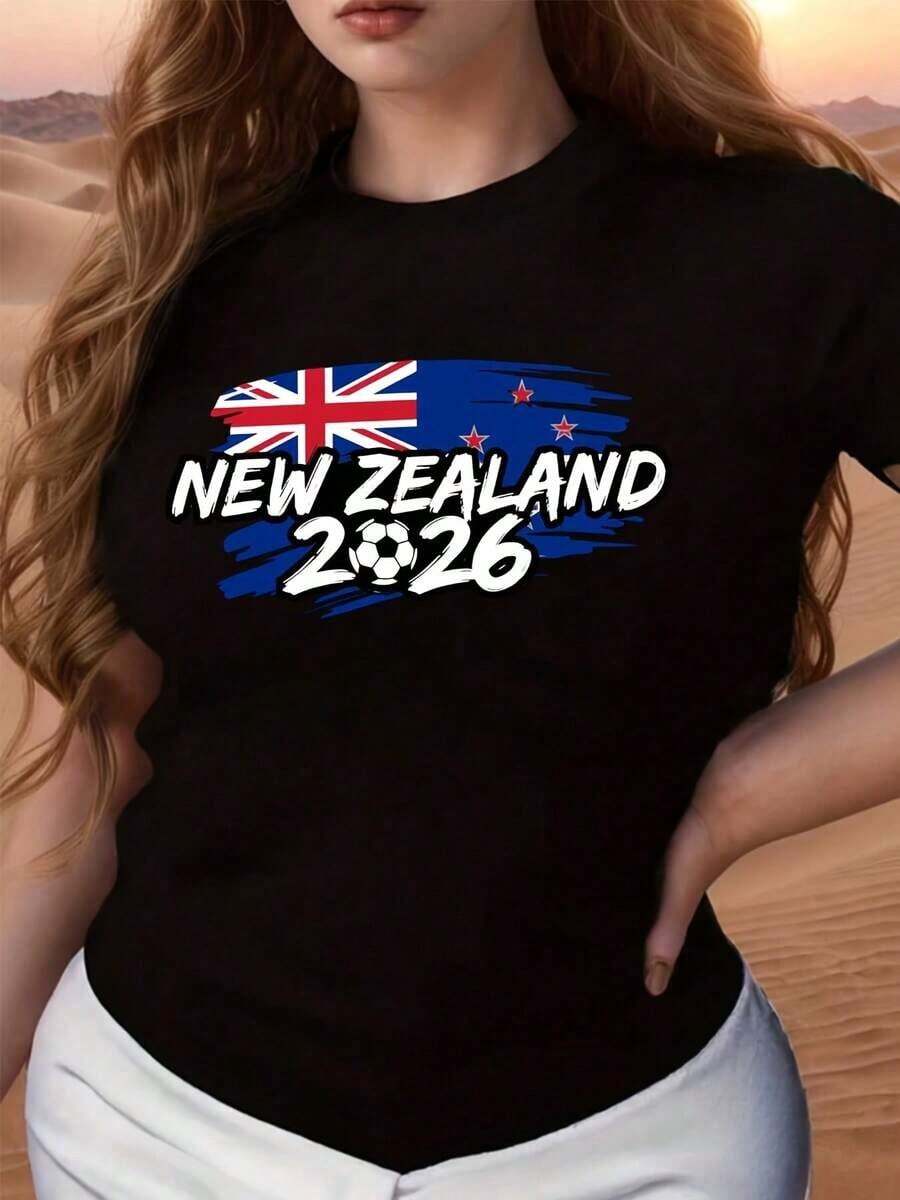 ropa de mujer Diseño de Bandera y Fútbol de Nueva Zelanda 2026, Ropa de Verano para Aficionados al Fútbol, Regalo para Amantes de los Deportes, Camiseta de Talla Grande para Mujer, Camiseta de la Copa Mundial 2026, Top de Manga Corta, Cómoda de Usar con Tela de Algodón Puro de Baja Elasticidad, Camiseta Casual para Uso Diario al Aire Libre, La Mejor Opción para Regalar (Tallas S-5XL). camisas de mujer - Negro - Ver 1