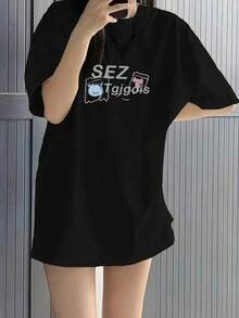 Basic T-Shirts For Women, Oversized T-Shirts, Casual T-Shirts For Women, Funny T-Shirt, Limited Time Offer, Women's Short Sleeve T-Shirt, Japanese Style, Round Neck, Loose Fit, Casual, Versatile, Cartoon Print, White, Spring/Summer. 7N4N - 黑色 - 查看 5